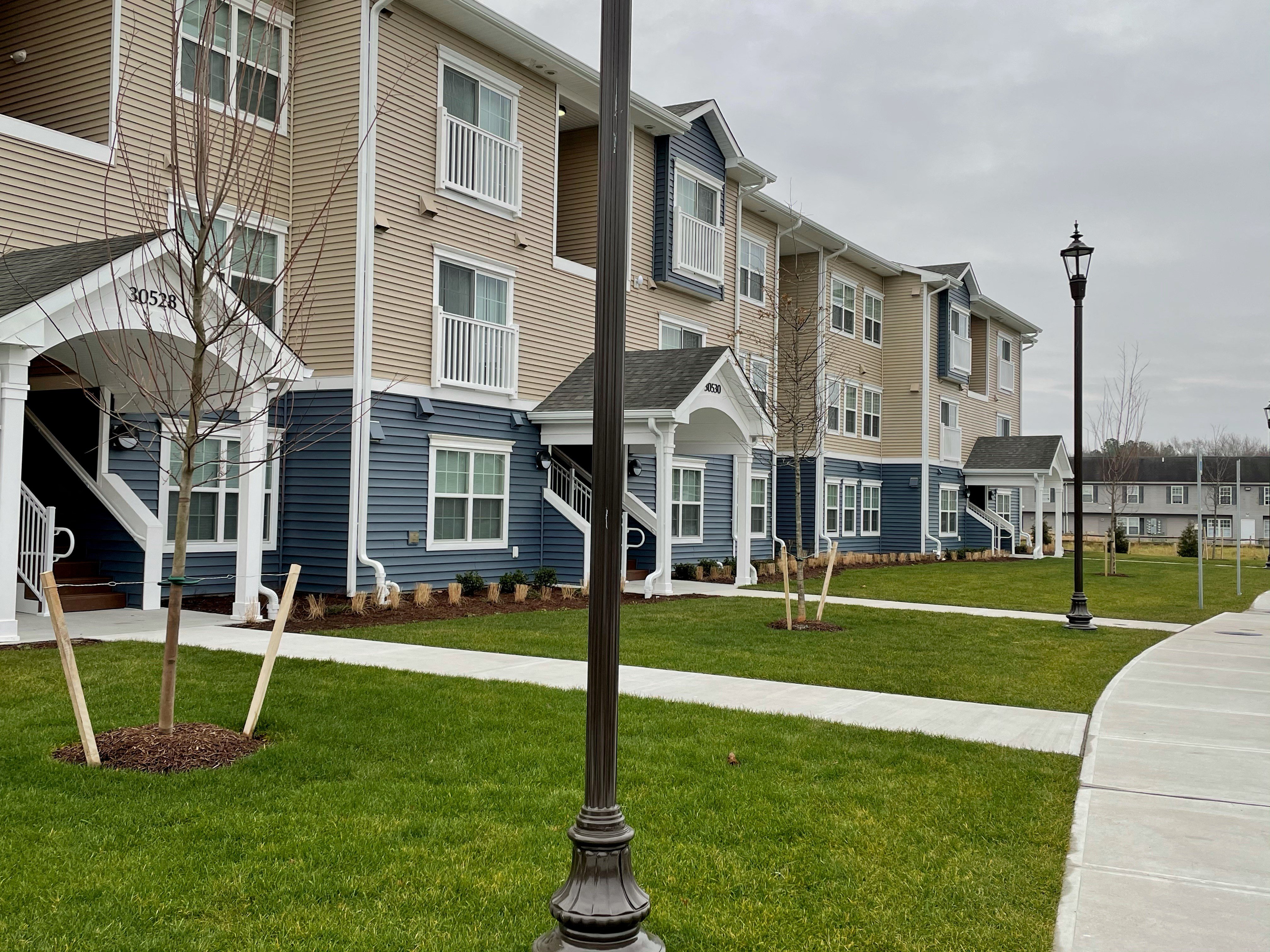a row of blue and white houses on a sidewalk